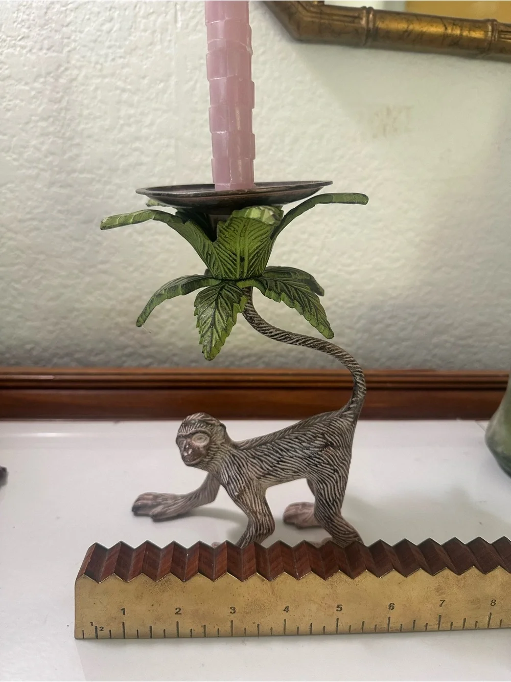 Monkey Candle Holder with Green Palm Leaves